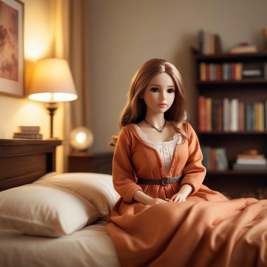 A cozy bedroom setting featuring a realistic love doll seated on a plush bed surrounded by soft, warm lighting. The doll showcases lifelike features, emphasizing intimacy and companionship, with delicate textures and details in the fabric of the bedding. A bookshelf in the background filled with relationship and intimacy books, adding depth to the theme of exploration. The overall atmosphere is inviting and thought-provoking. super-realistic. warm colors. soft focus.